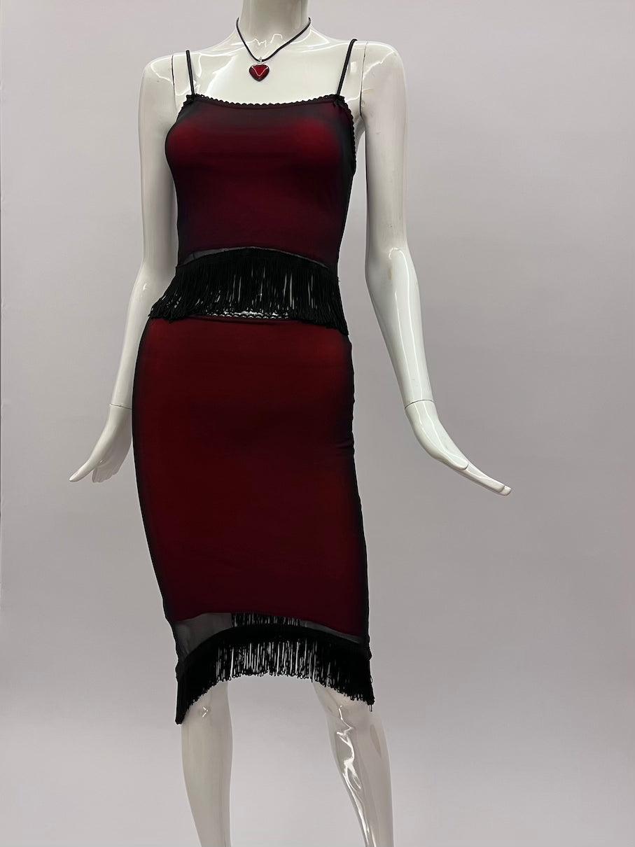 1990's Wine Red Overlay Top & Skirt Ensemble