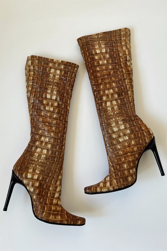Vintage Italian Croc Knee High Boot Heels (EU 37-38)