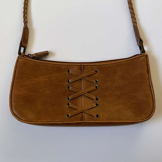 Brown Leather Lace-Up Baguette Bag