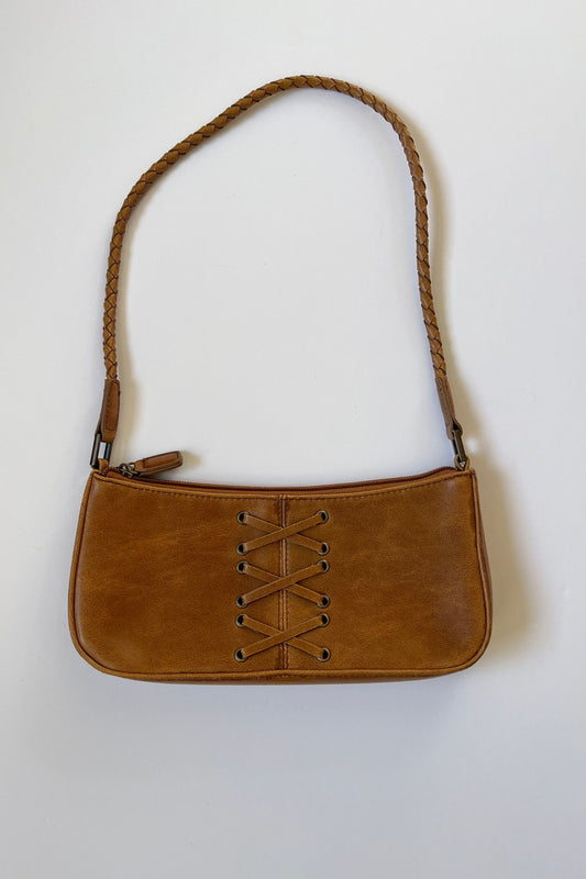 Brown Leather Lace-Up Baguette Bag