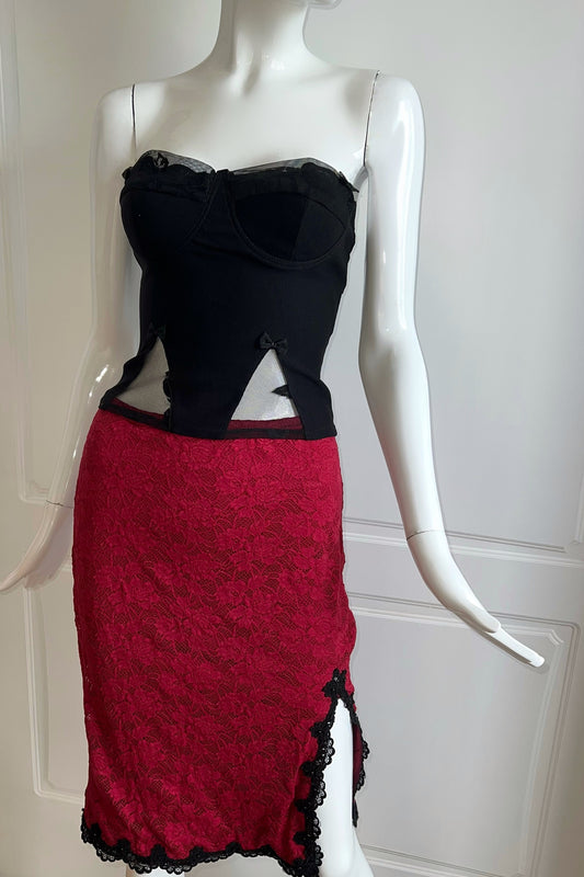 Luxury Designer Vintage Red Midi Slit Skirt