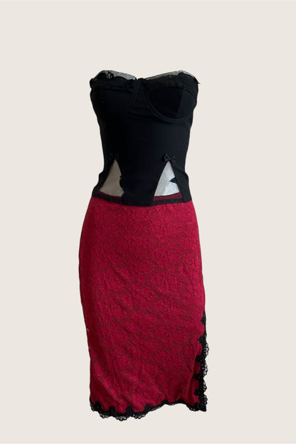 Luxury Designer Vintage Red Midi Slit Skirt