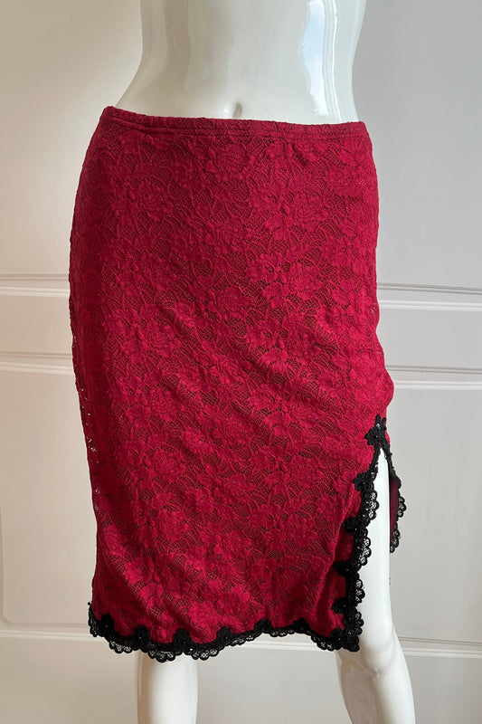 Luxury Designer Vintage Red Midi Slit Skirt