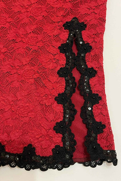 Luxury Designer Vintage Red Midi Slit Skirt