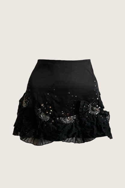 Silk Black Ruffle Mini Skirt