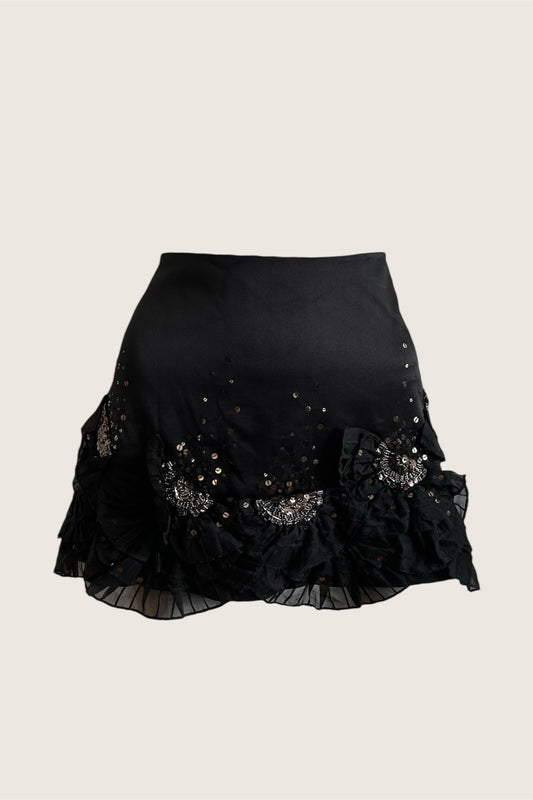 Silk Black Ruffle Mini Skirt