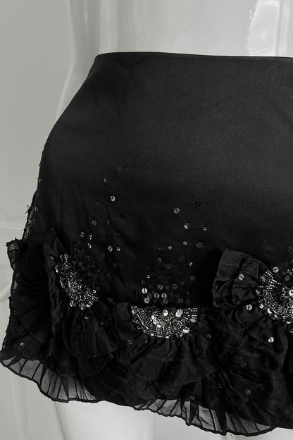 Silk Black Ruffle Mini Skirt