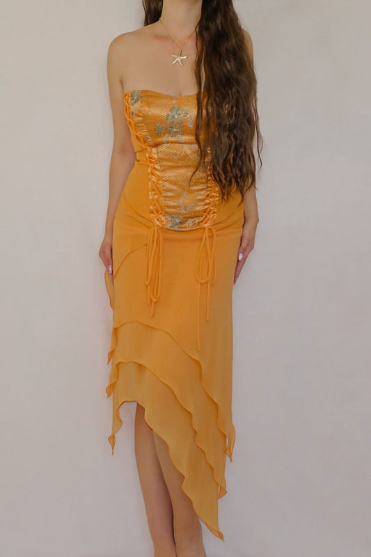 Vintage 1990's Orange Corset & Skirt Two-Piece Ensemble