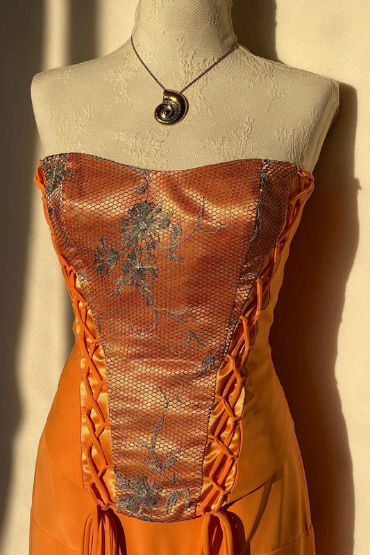 Vintage 1990's Orange Corset & Skirt Two-Piece Ensemble