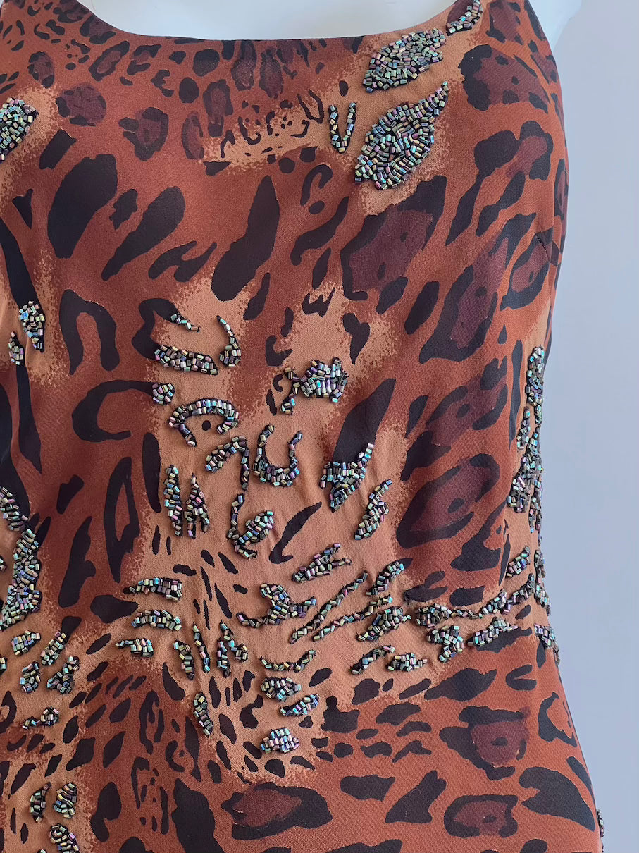 Luxurious Vintage Leopard Print Beaded Slip Dress