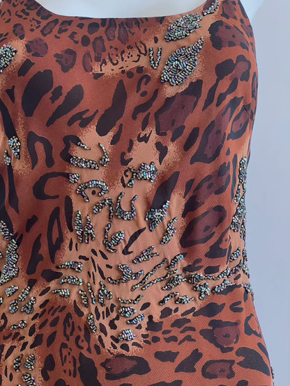 Luxurious Vintage Leopard Print Beaded Slip Dress