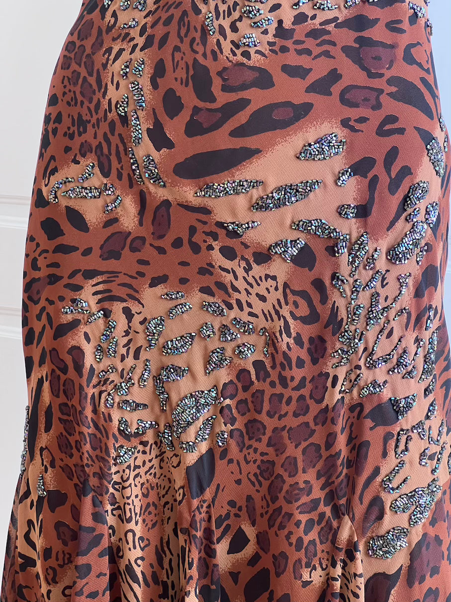 Luxurious Vintage Leopard Print Beaded Slip Dress