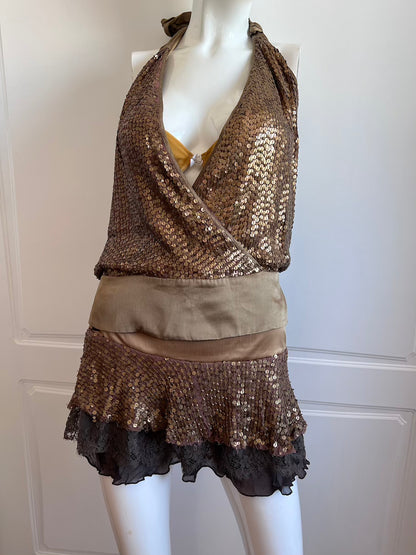 2000's Bronze Sequin Top & Mini Skirt Ensemble