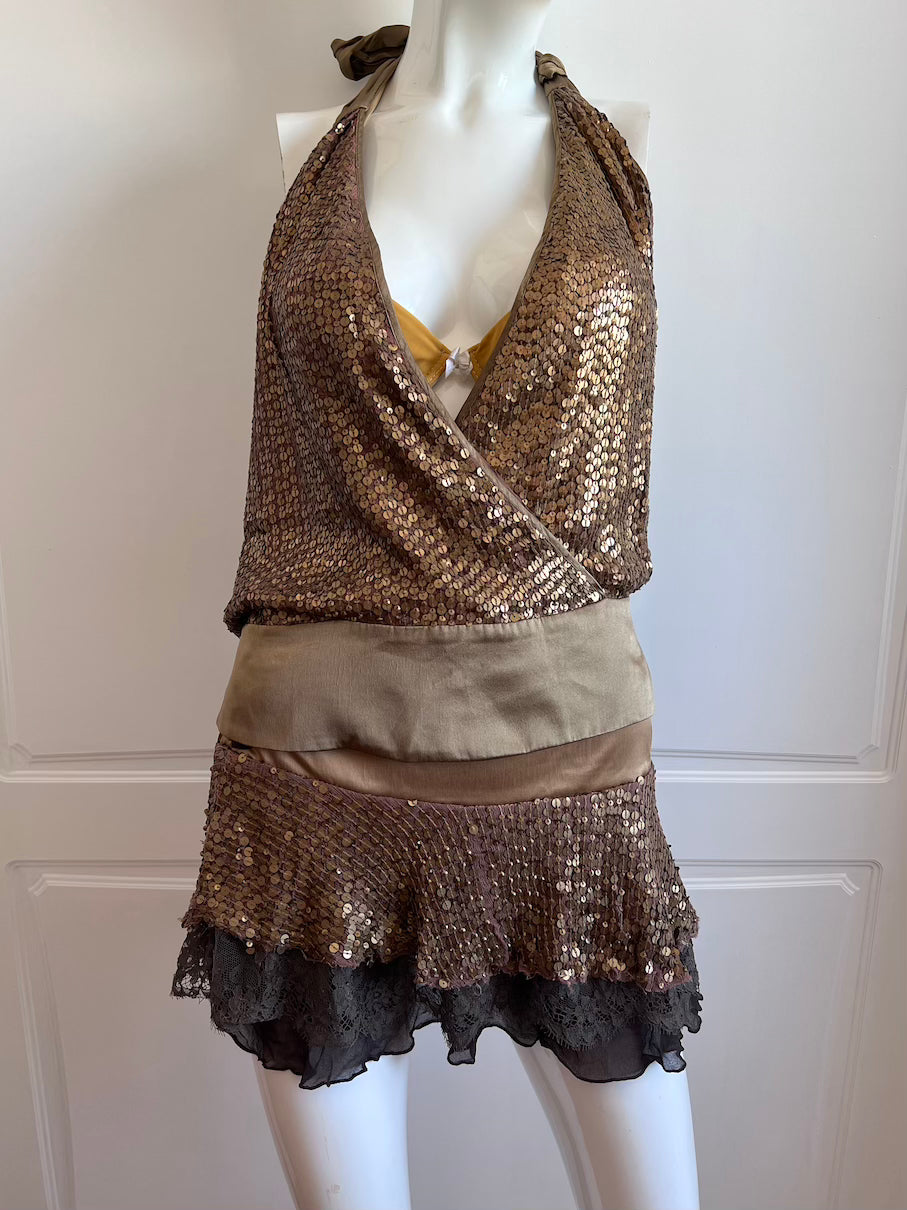 2000's Bronze Sequin Top & Mini Skirt Ensemble