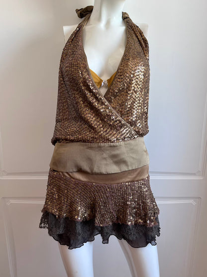 2000's Bronze Sequin Top & Mini Skirt Ensemble
