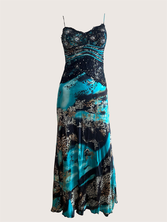 Luxurious Designer 100% Silk Teal Maxi Dress
