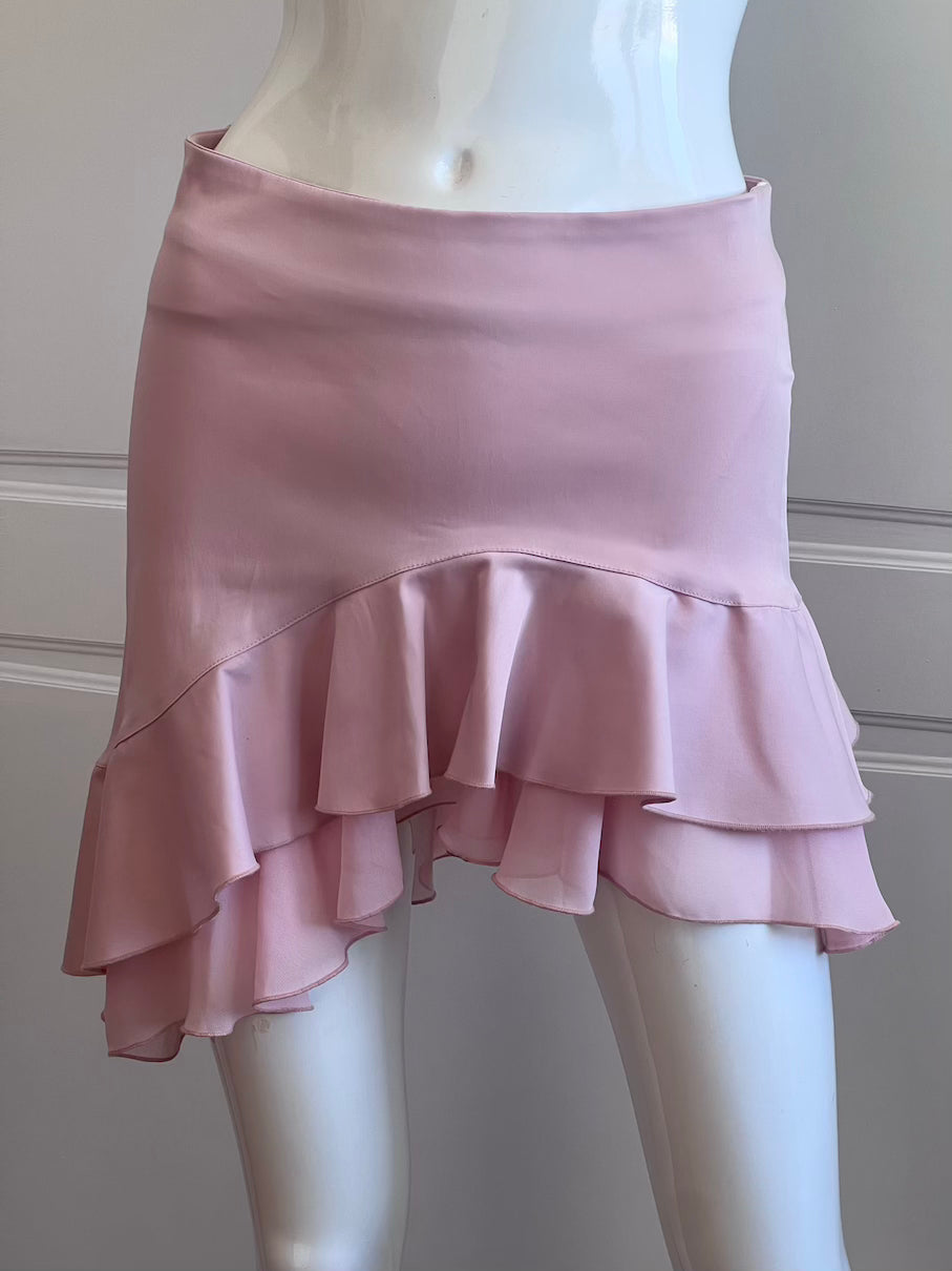 1990's Dusty Pink Satin Ruffle Mini Skirt