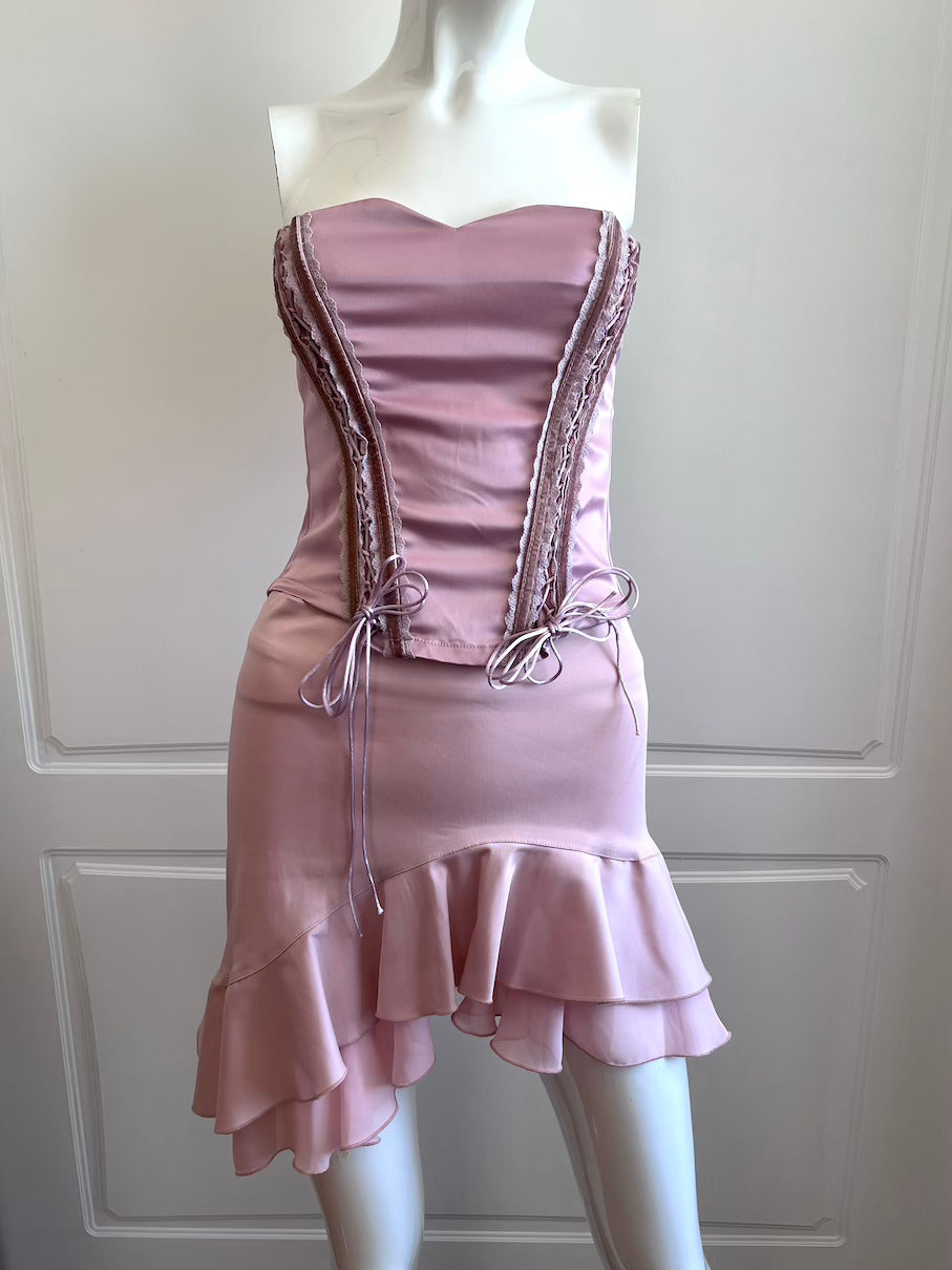1990's Dusty Pink Satin Ruffle Mini Skirt