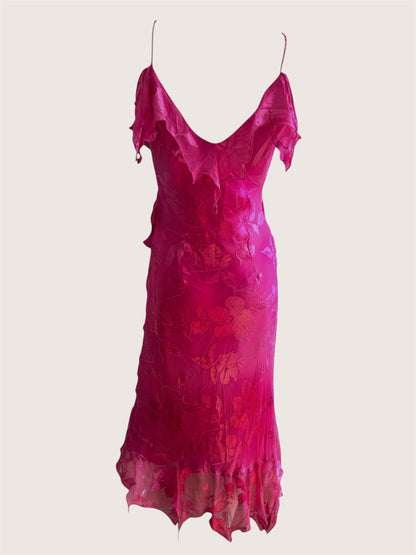 Vintage Fuchsia Silk Floral Ruffle Dress