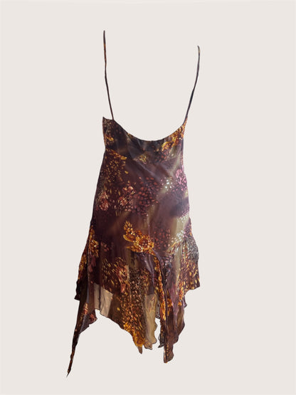 100% Silk Vintage Asymmetrical Floral Mini Dress
