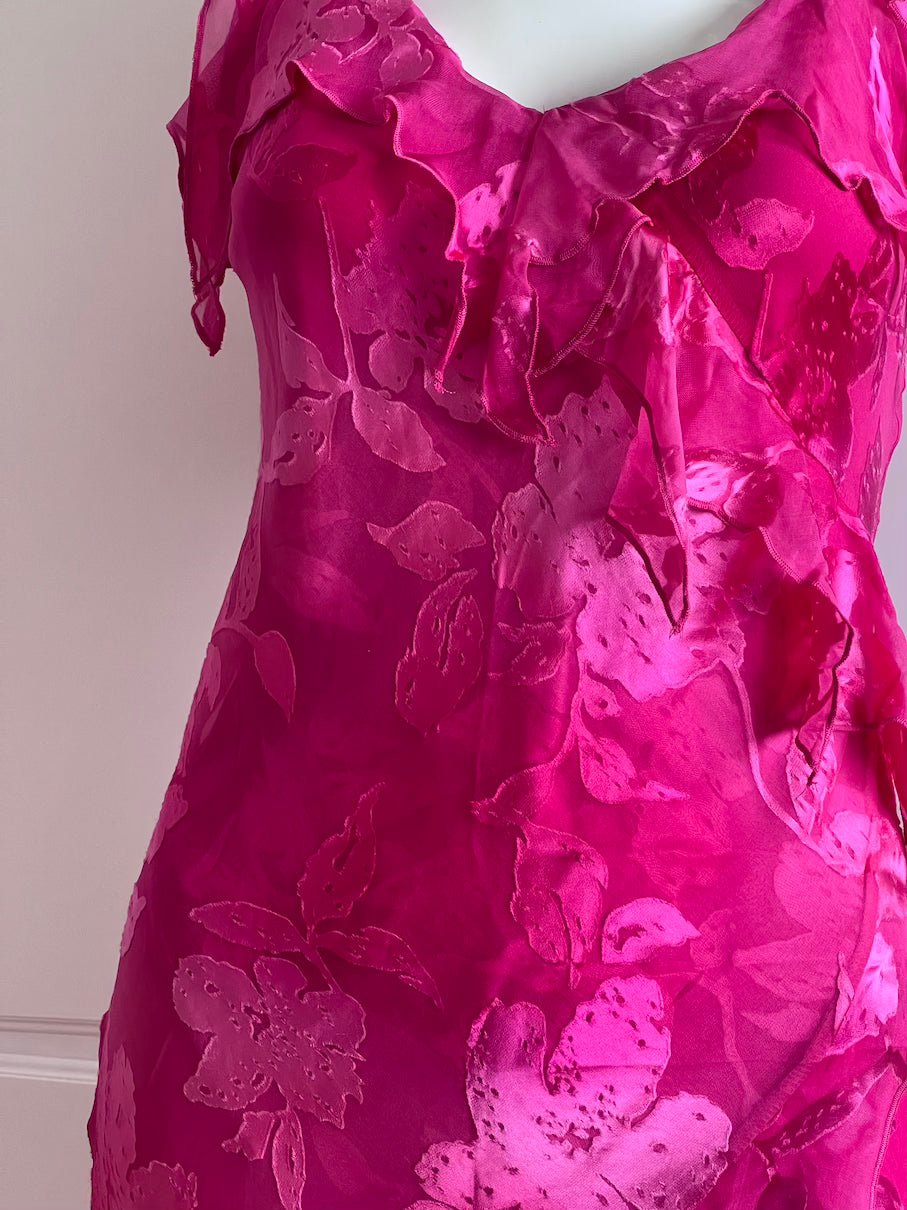 Vintage Fuchsia Silk Floral Ruffle Dress