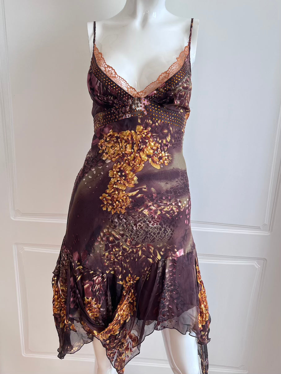 100% Silk Vintage Asymmetrical Floral Mini Dress