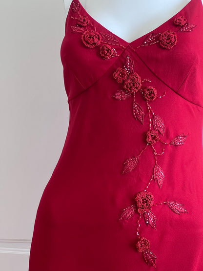 100% Silk Red Beaded Slip Dress