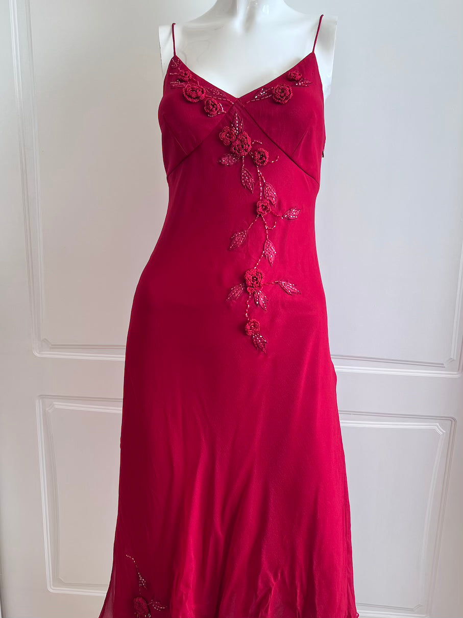 100% Silk Red Beaded Slip Dress