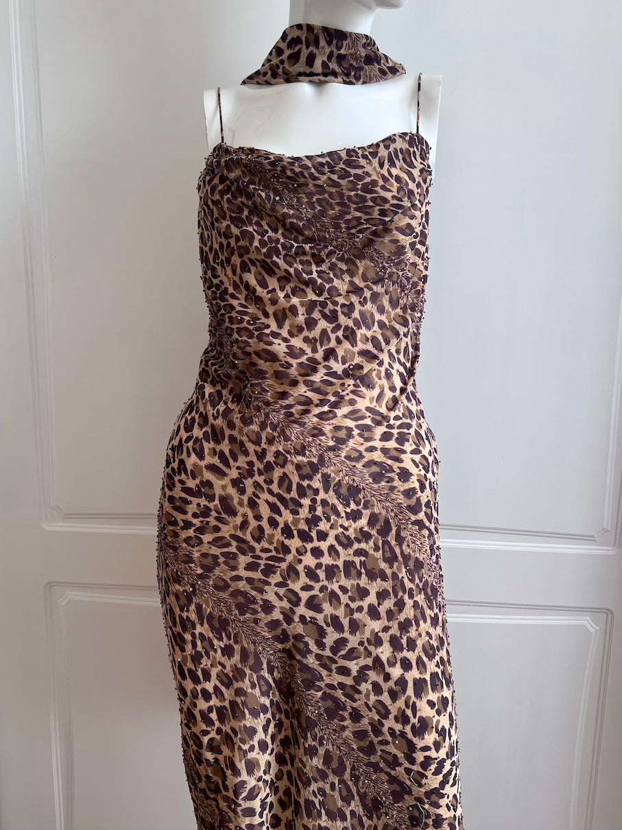 Vintage Leopard Print Beaded Slip Dress & Scarf Ensemble