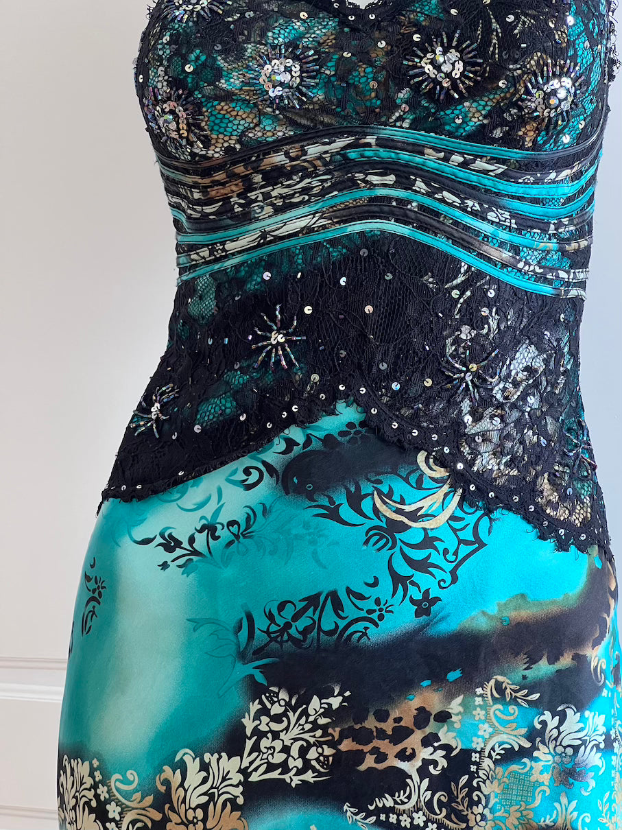 Luxurious Designer 100% Silk Teal Maxi Dress