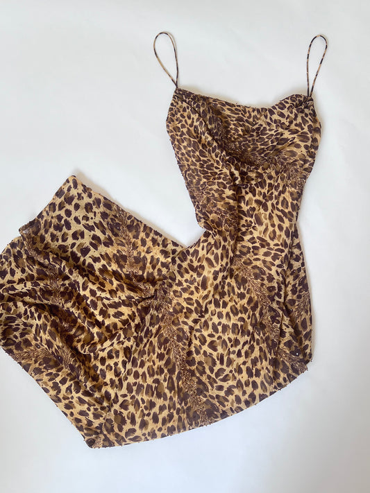 Vintage Leopard Print Beaded Slip Dress & Scarf Ensemble