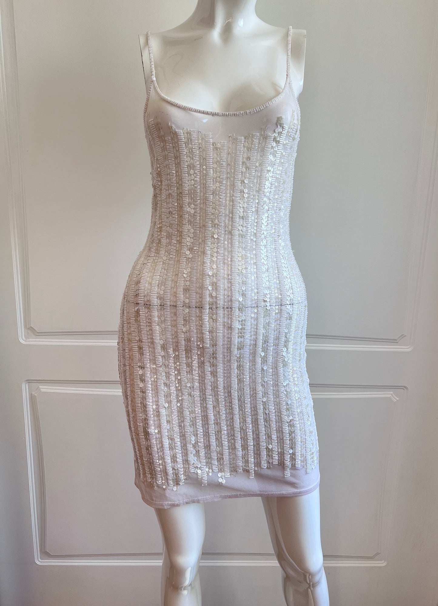 Luxurious Pearl White Beaded Naked Slip Dress