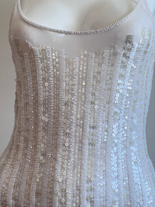 Luxurious Pearl White Beaded Naked Slip Dress