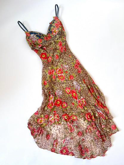 Luxurious Designer 100% Silk Animal Print & Floral Slip Dress