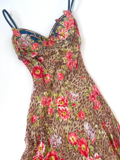 Luxurious Designer 100% Silk Animal Print & Floral Slip Dress