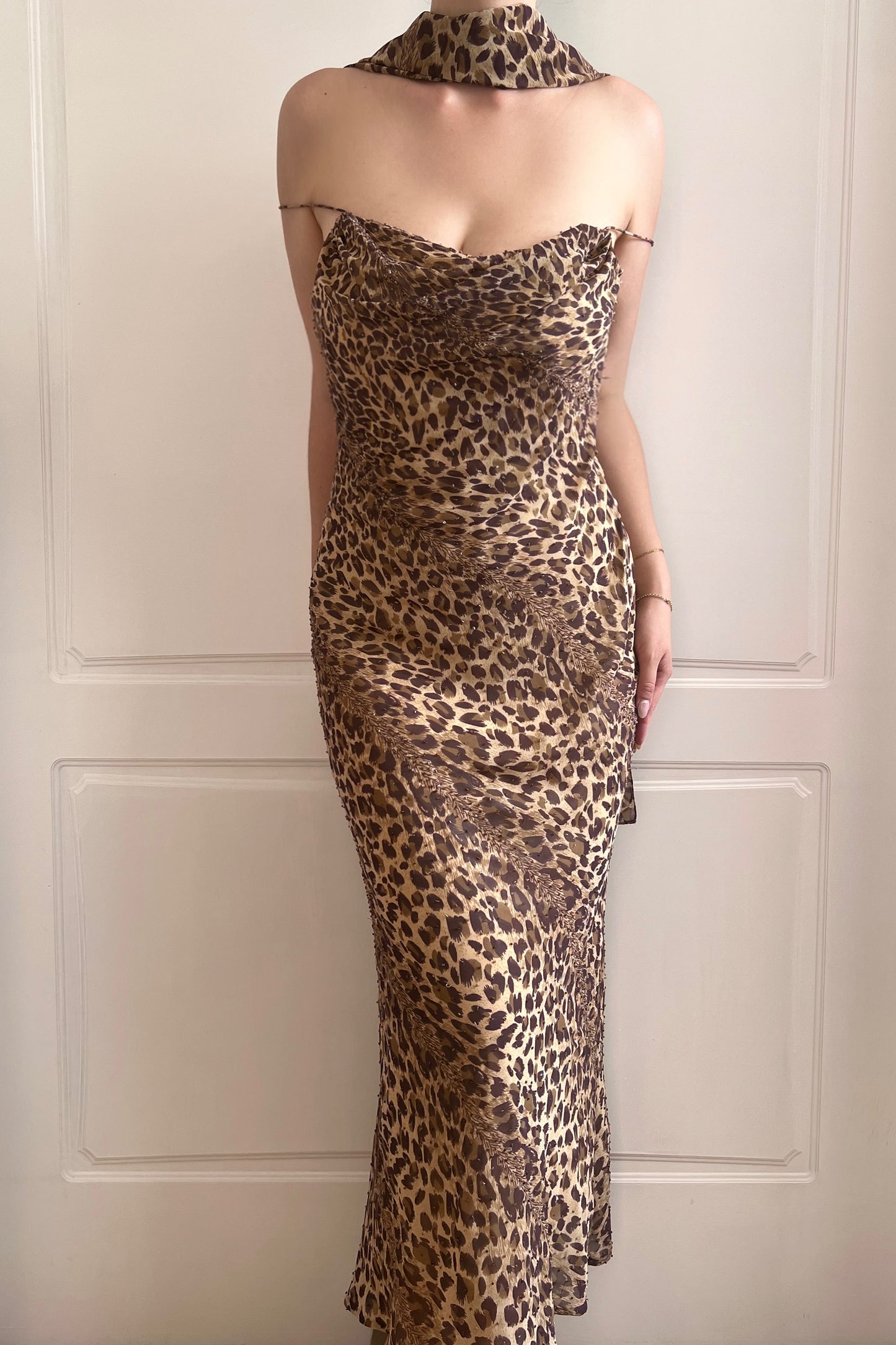 Vintage Leopard Print Beaded Slip Dress & Scarf Ensemble