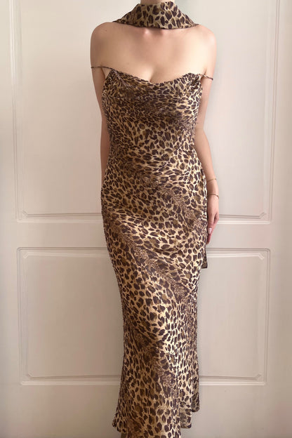 Vintage Leopard Print Beaded Slip Dress & Scarf Ensemble