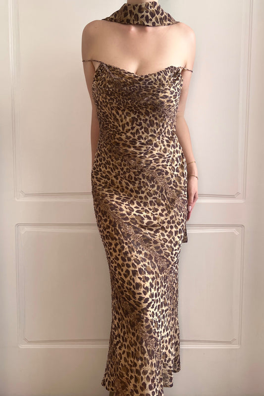 Vintage Leopard Print Beaded Slip Dress & Scarf Ensemble