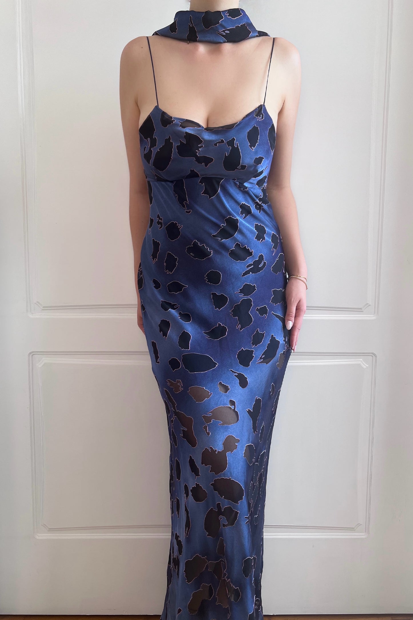 1990's Dusty Blue Maxi Slip Dress & Scarf Ensemble