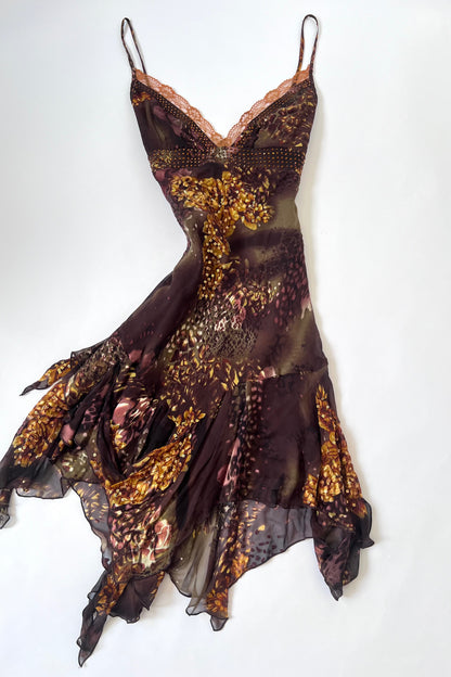 100% Silk Vintage Asymmetrical Floral Mini Dress