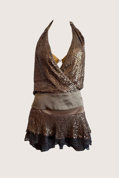 2000's Bronze Sequin Top & Mini Skirt Ensemble