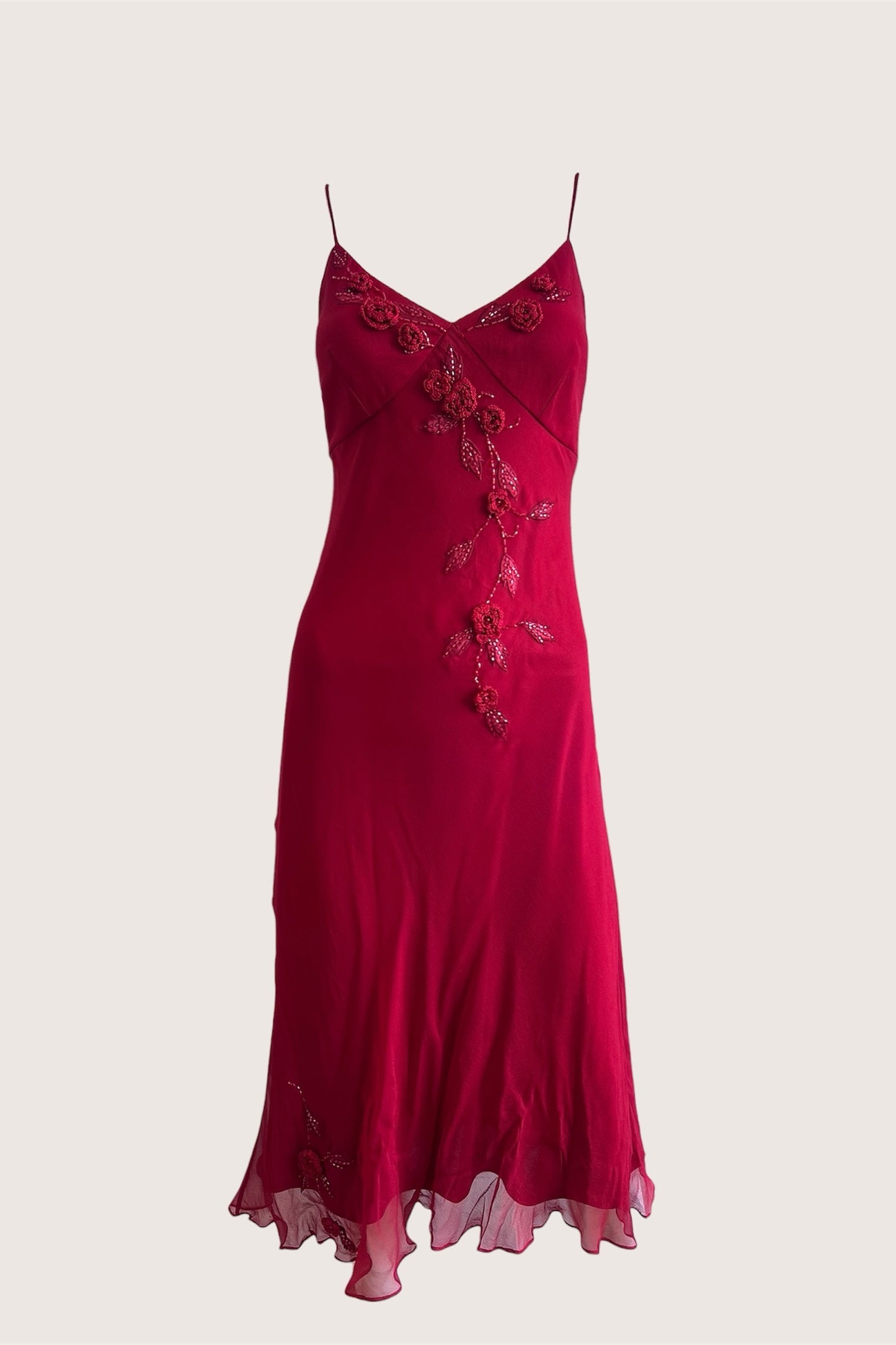 100% Silk Red Beaded Slip Dress