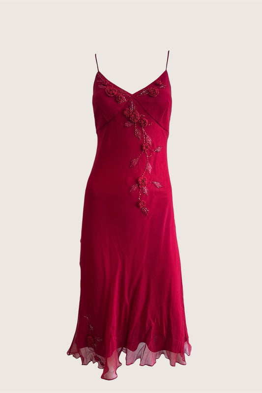 100% Silk Red Beaded Slip Dress