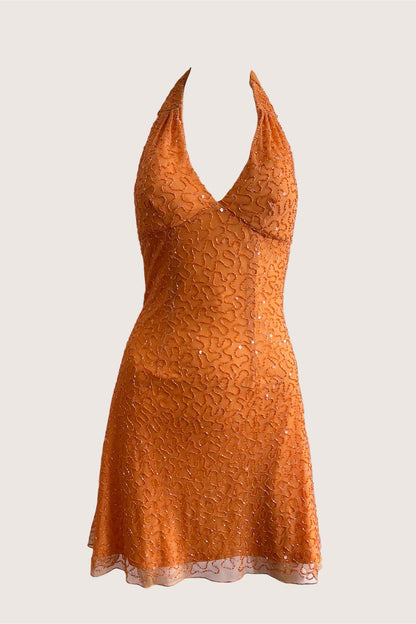 Vintage Orange Beaded Mini Dress