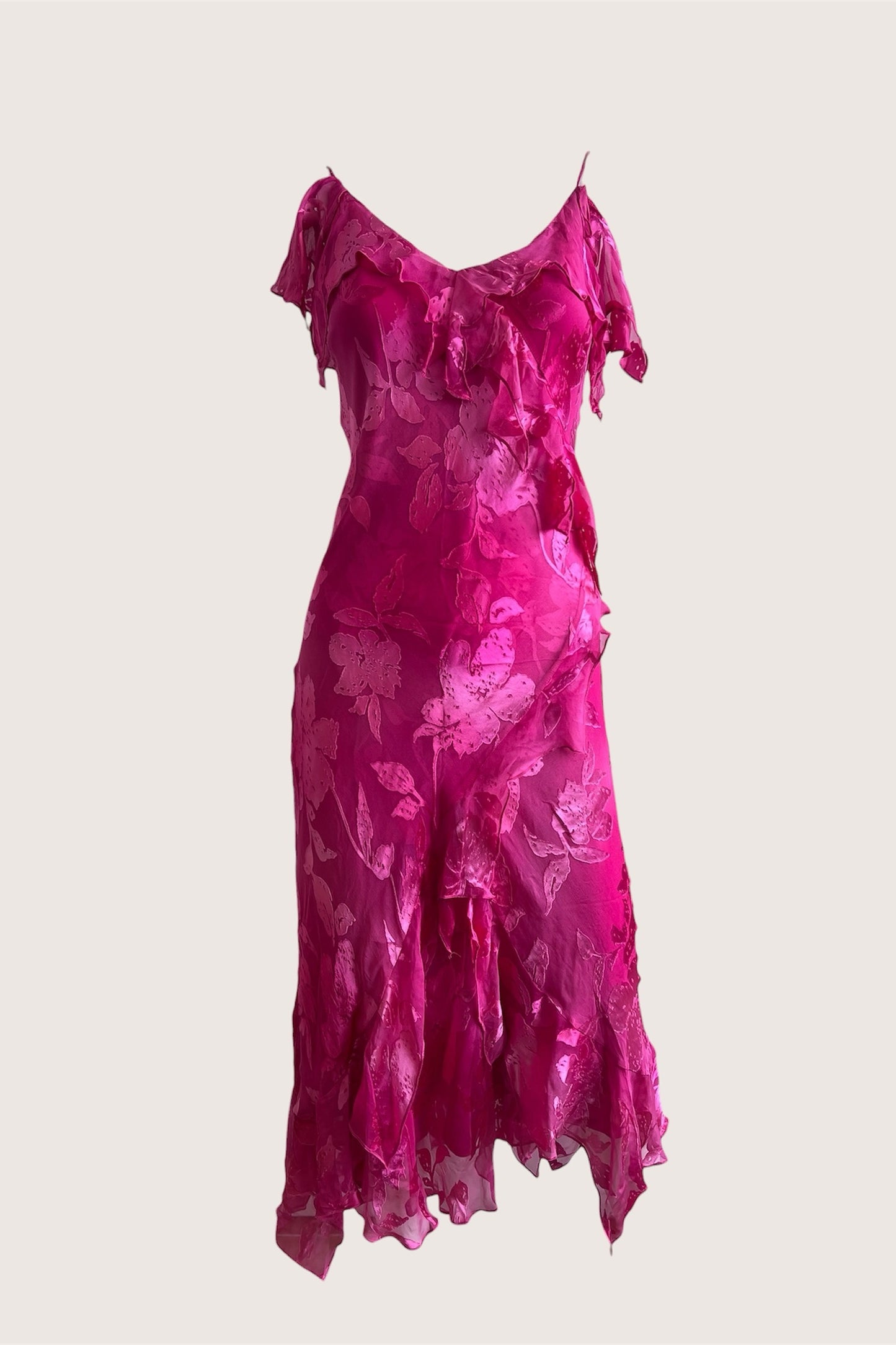 Vintage Fuchsia Silk Floral Ruffle Dress