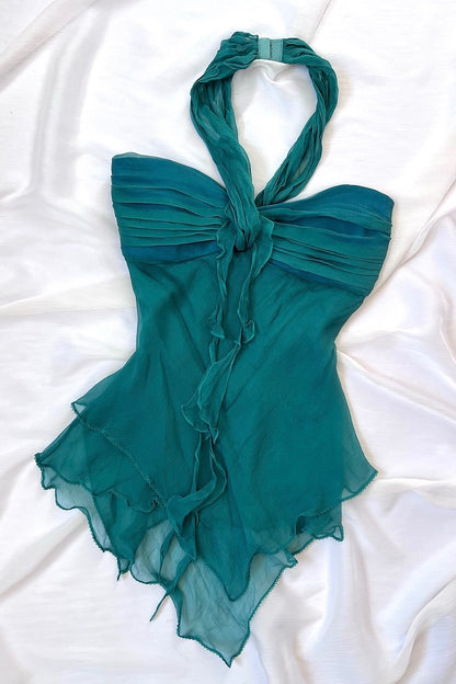 100% Silk Vintage Teal Halter Top