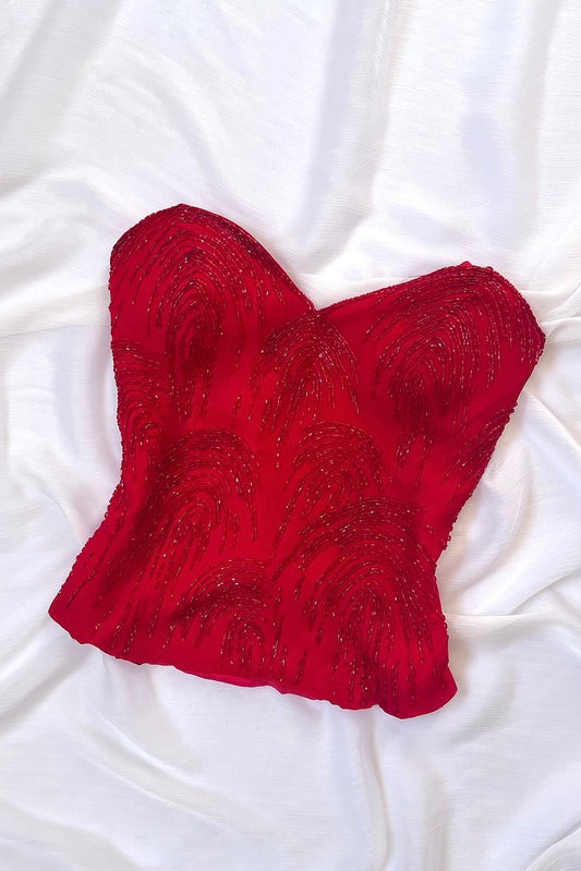100% Silk Vintage Red Beaded Corset Top