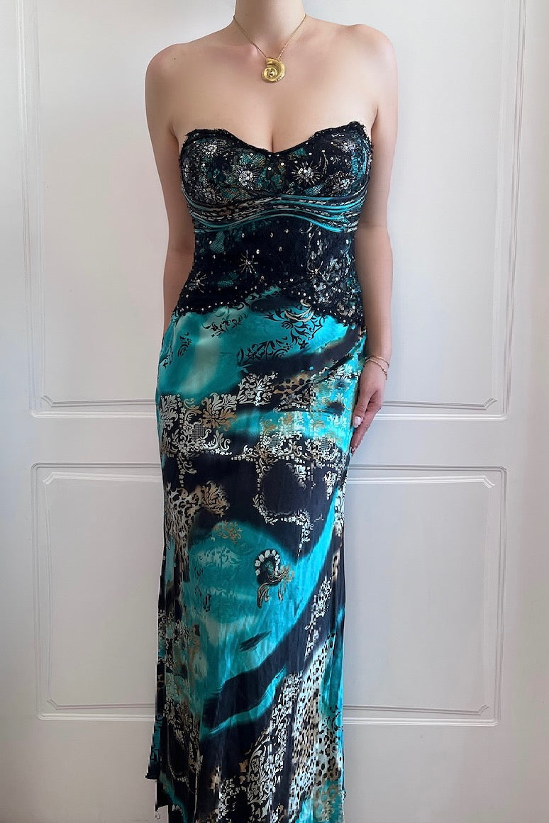 Luxurious Designer 100% Silk Teal Maxi Dress