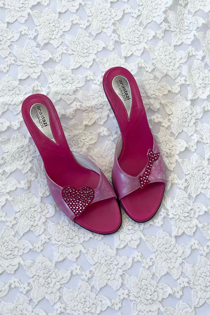 2000's Pink Heart & Bow Pink Mule Heels (EU 38)
