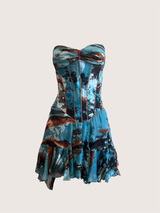 Luxurious Designer Silk Teal Mini Corset Dress